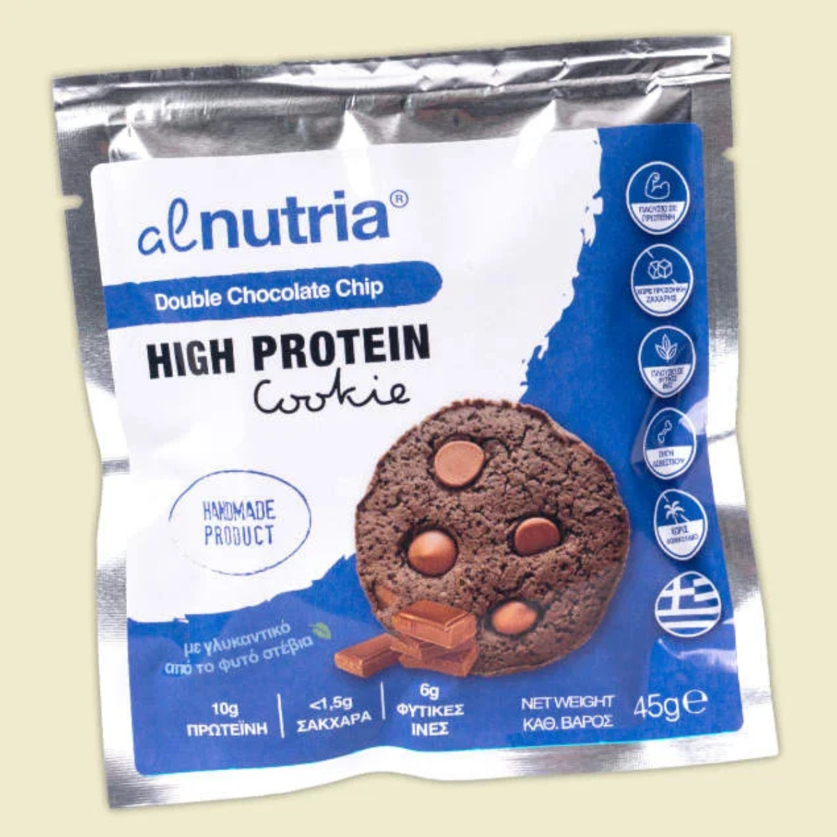 AL-01 Alnutria Μπισκότα Πρωτεΐνης με Κομματάκια Χωρίς Ζάχαρη 45gr - Image 1