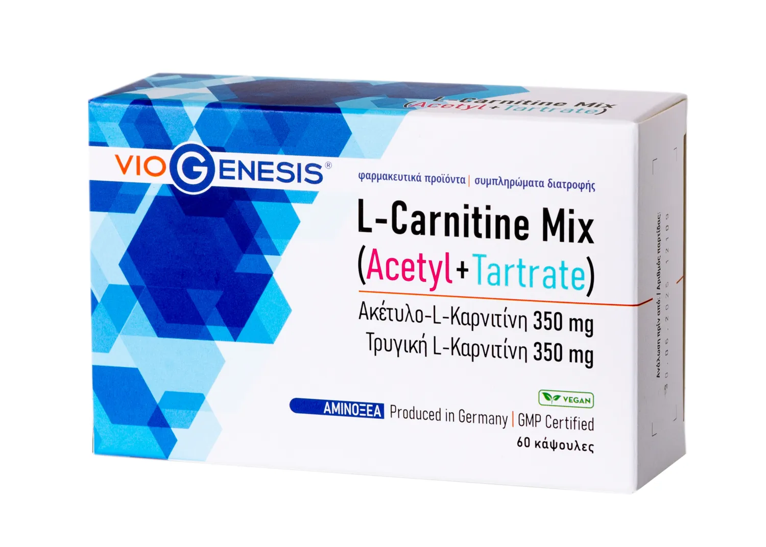 VioGenesis L-Carnitine Mix 60 caps box cells_PETROS Viogenesis L Carnitine Mix Acetyl + Tartrate 350mg 60 κάψουλες - Image 1